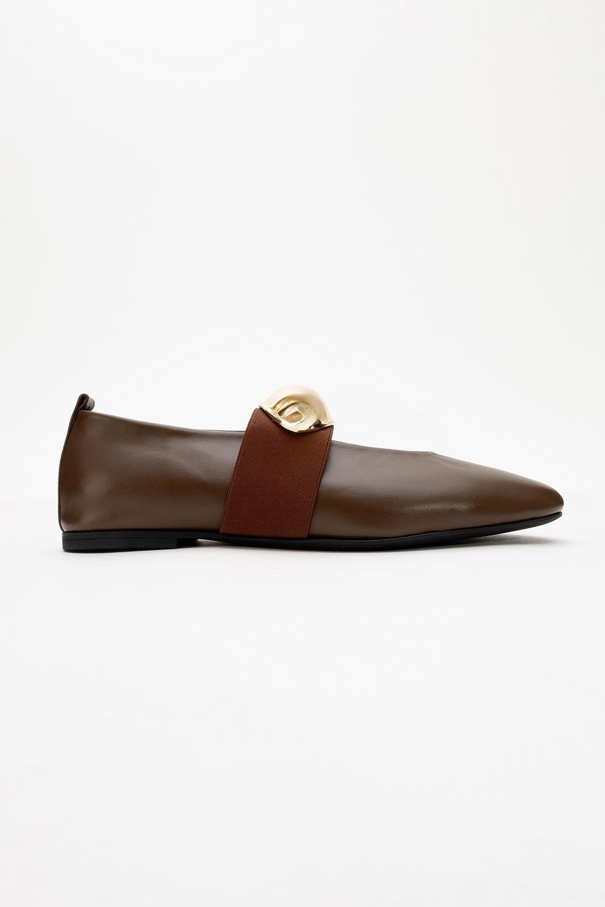 Zoey - Brown Leather Ballet Flats – back view showing leather, gold, Vowalisse