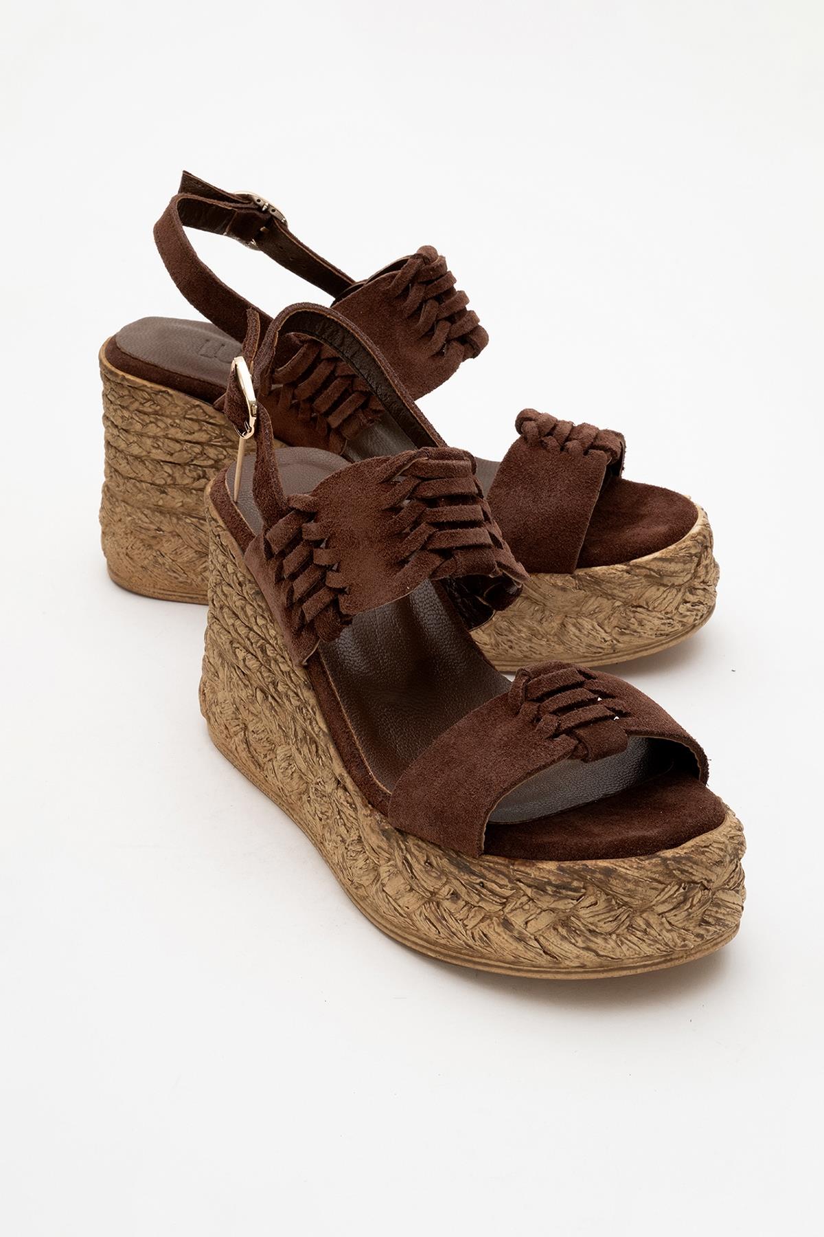 Olien - Brown Suede Leather Platform Espadrilles – front three-quarter view showing leather, suede, Vowalisse