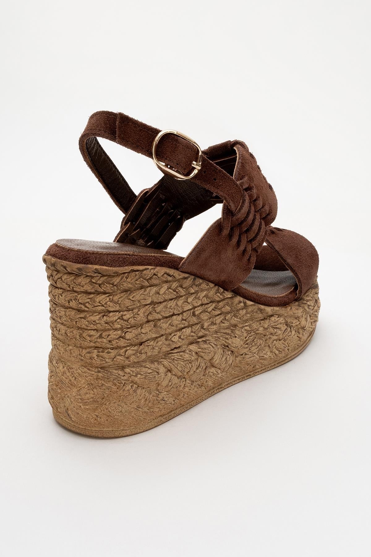Olien - Brown Suede Leather Platform Espadrilles – heel view showing leather, suede, Vowalisse