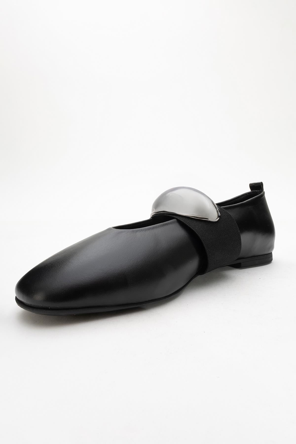 Zoey - Black Leather Ballet Flats – detail view showing leather, black, Vowalisse