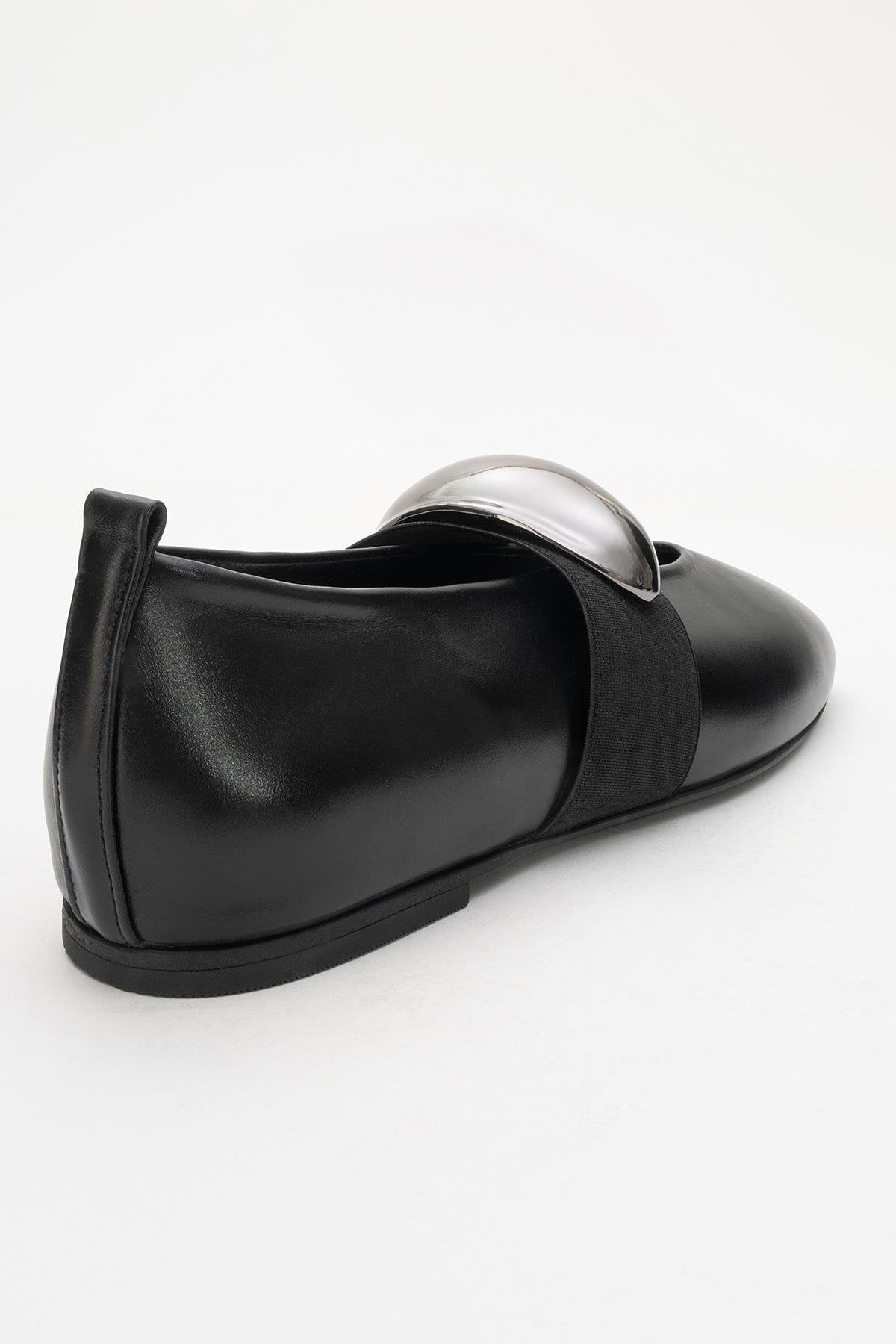 Zoey - Black Leather Ballet Flats – heel view showing leather, black, Vowalisse