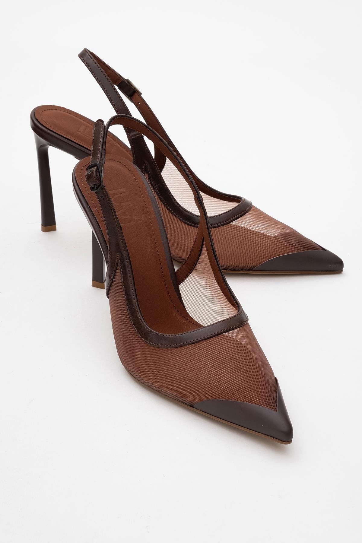 Venas - Brown Mesh Slingback High Heel – front three-quarter view showing leather, mesh, Vowalisse