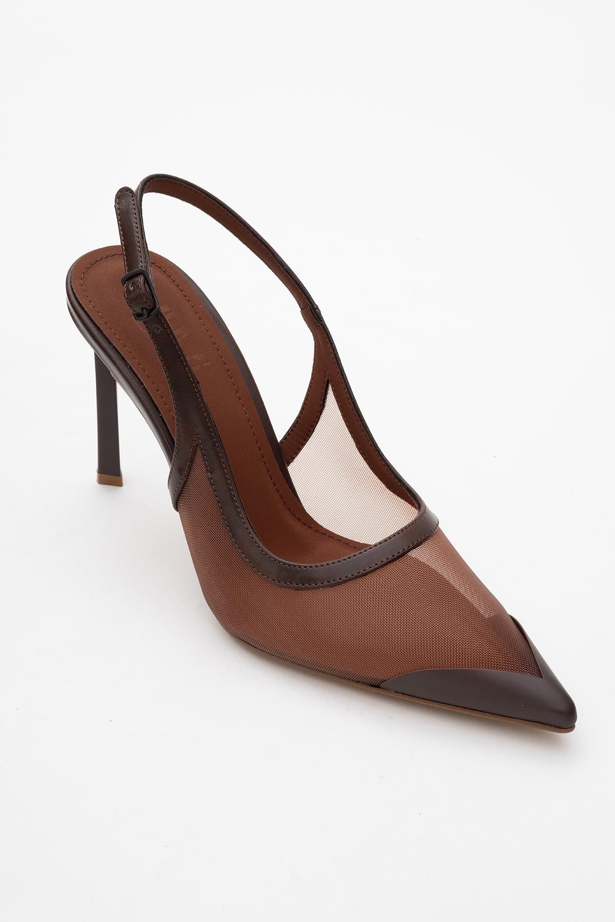 Venas - Brown Mesh Slingback High Heel – detail view showing leather, mesh, Vowalisse