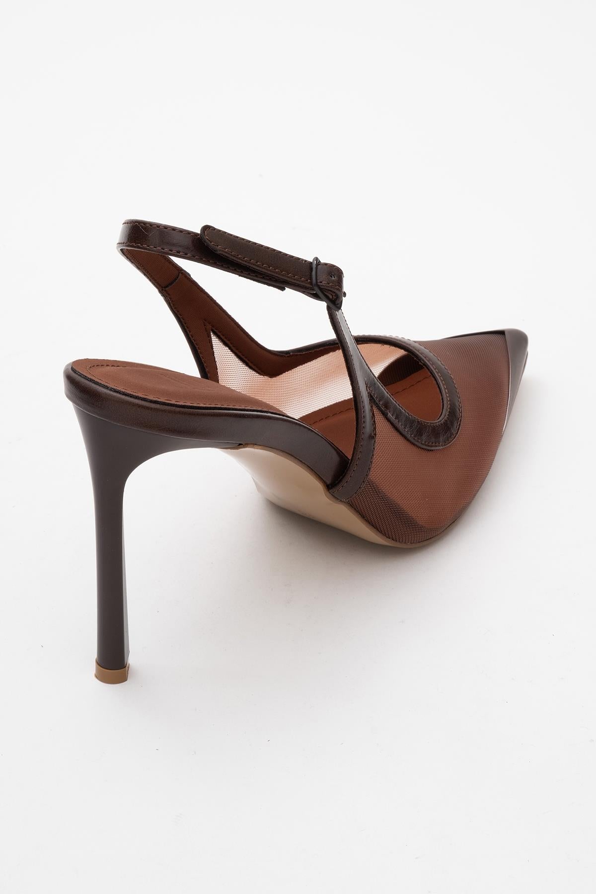 Venas - Brown Mesh Slingback High Heel – back view showing leather, mesh, Vowalisse