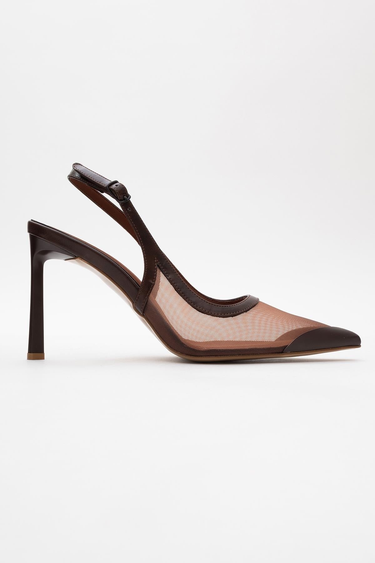 Venas - Brown Mesh Slingback High Heel – top view showing leather, mesh, Vowalisse