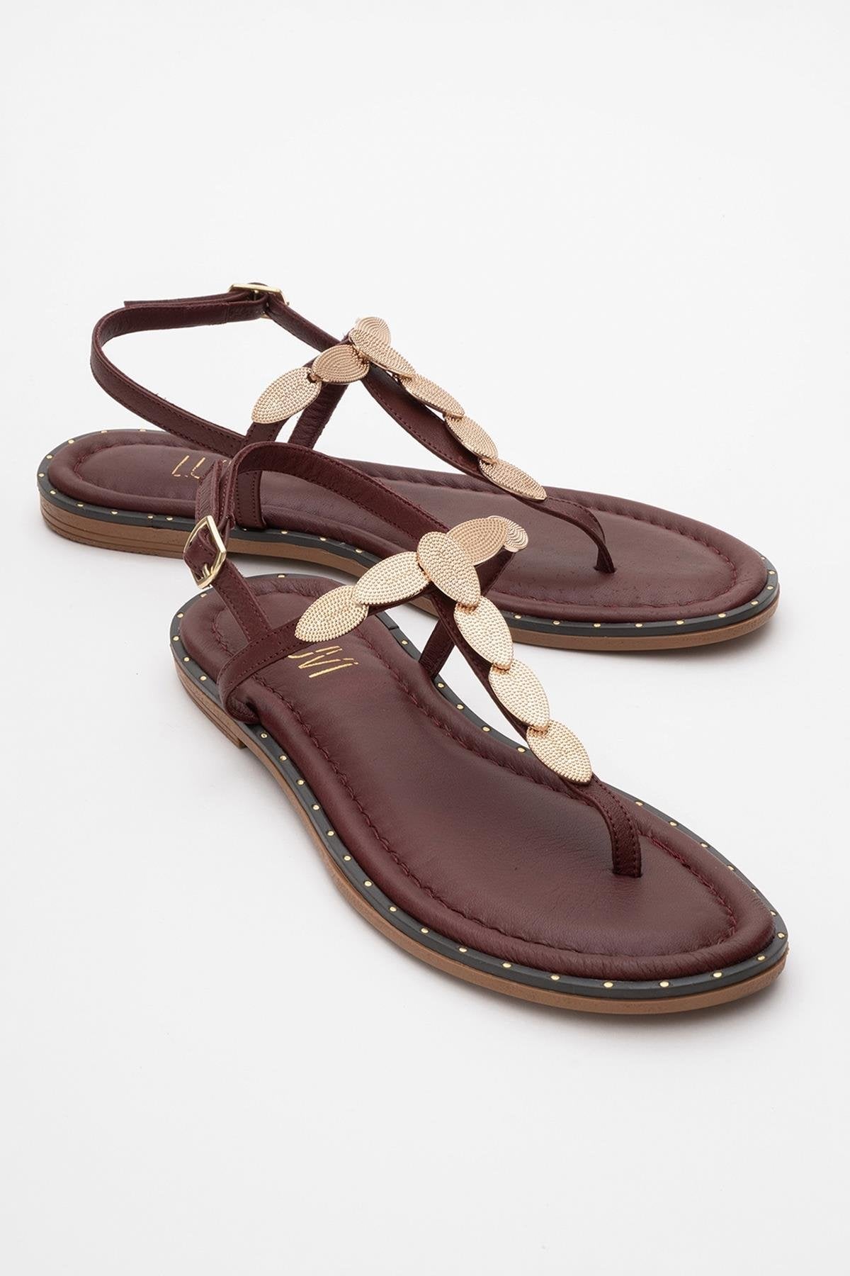 Marea - Burgundy Leather Flat Sandal – front three-quarter view showing leather, Vowalisse