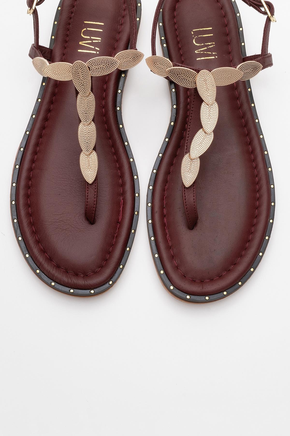 Marea - Burgundy Leather Flat Sandal – side view showing leather, Vowalisse