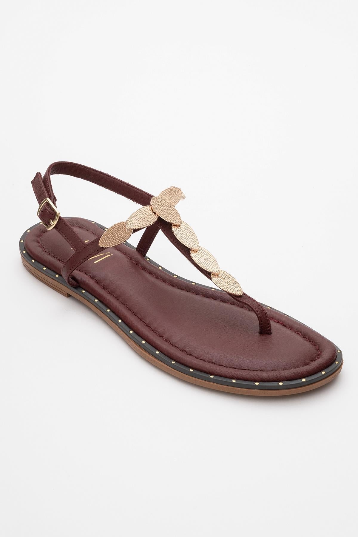 Marea - Burgundy Leather Flat Sandal – detail view showing leather, Vowalisse