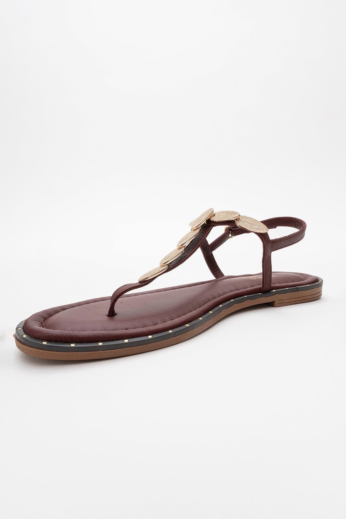 Marea - Burgundy Leather Flat Sandal – heel view showing leather, Vowalisse