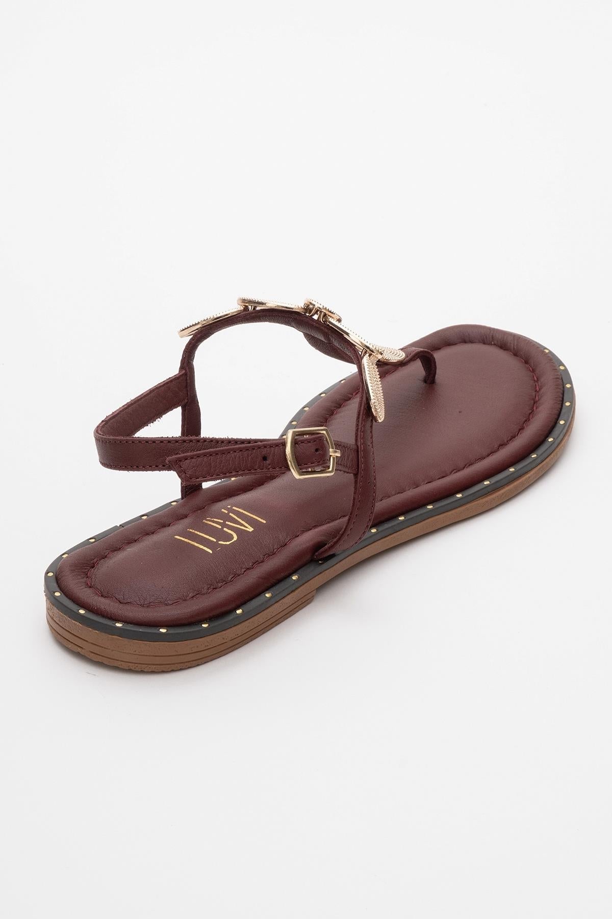 Marea - Burgundy Leather Flat Sandal – back view showing leather, Vowalisse