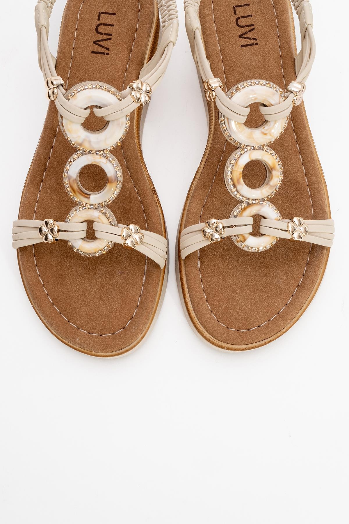 JUNES Beige Buckle-Embellished Flat Sandal – side view showing crystal, leather, Vowalisse