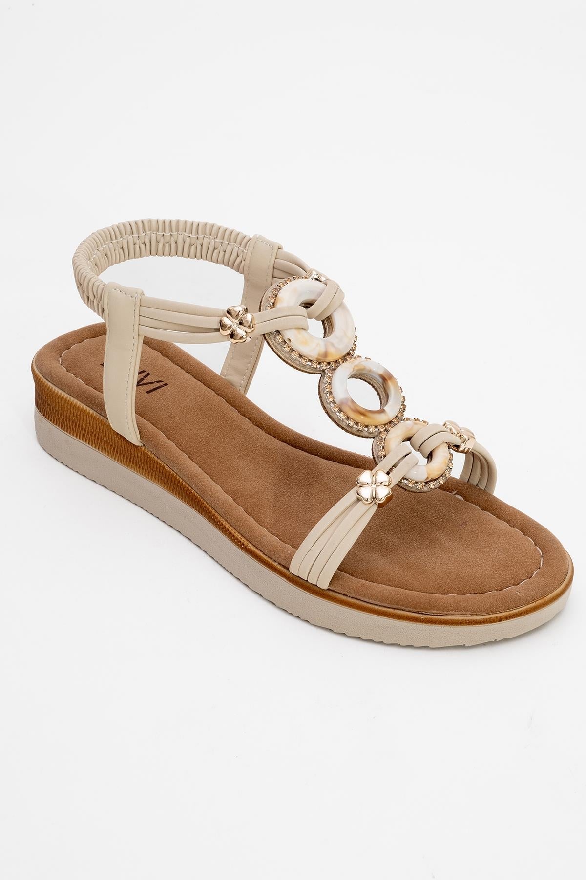 JUNES Beige Buckle-Embellished Flat Sandal – detail view showing crystal, leather, Vowalisse