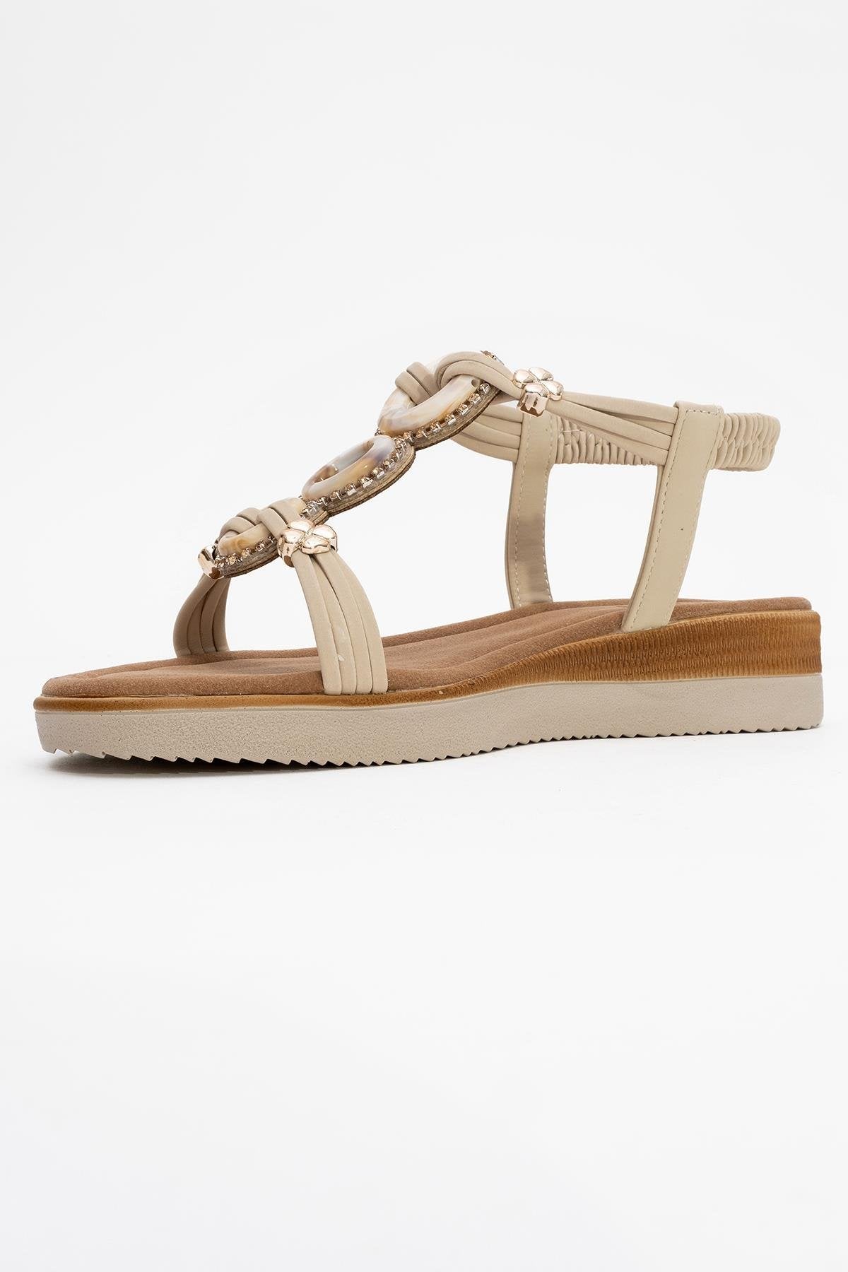 JUNES Beige Buckle-Embellished Flat Sandal – heel view showing crystal, leather, Vowalisse