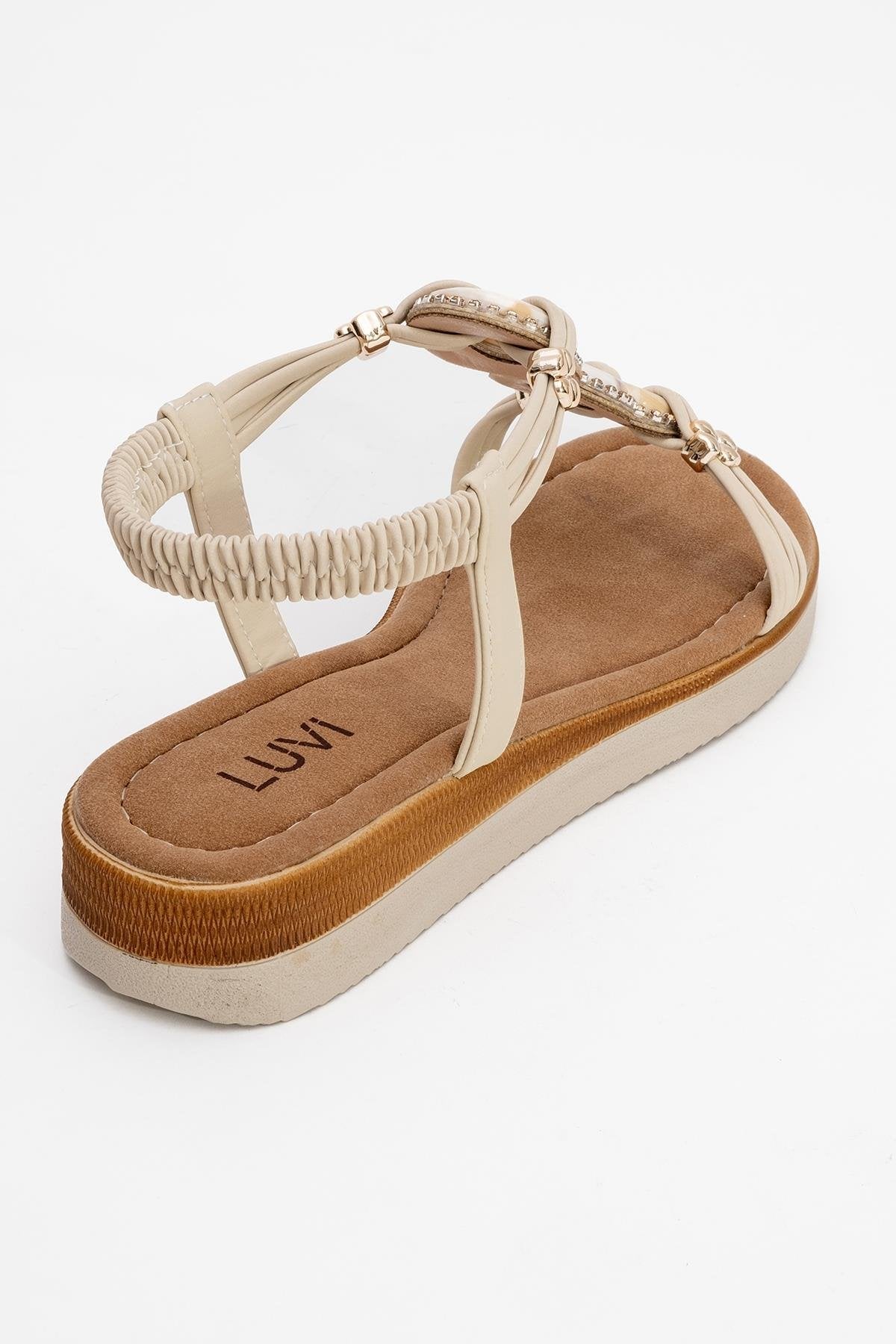 JUNES Beige Buckle-Embellished Flat Sandal – back view showing crystal, leather, Vowalisse