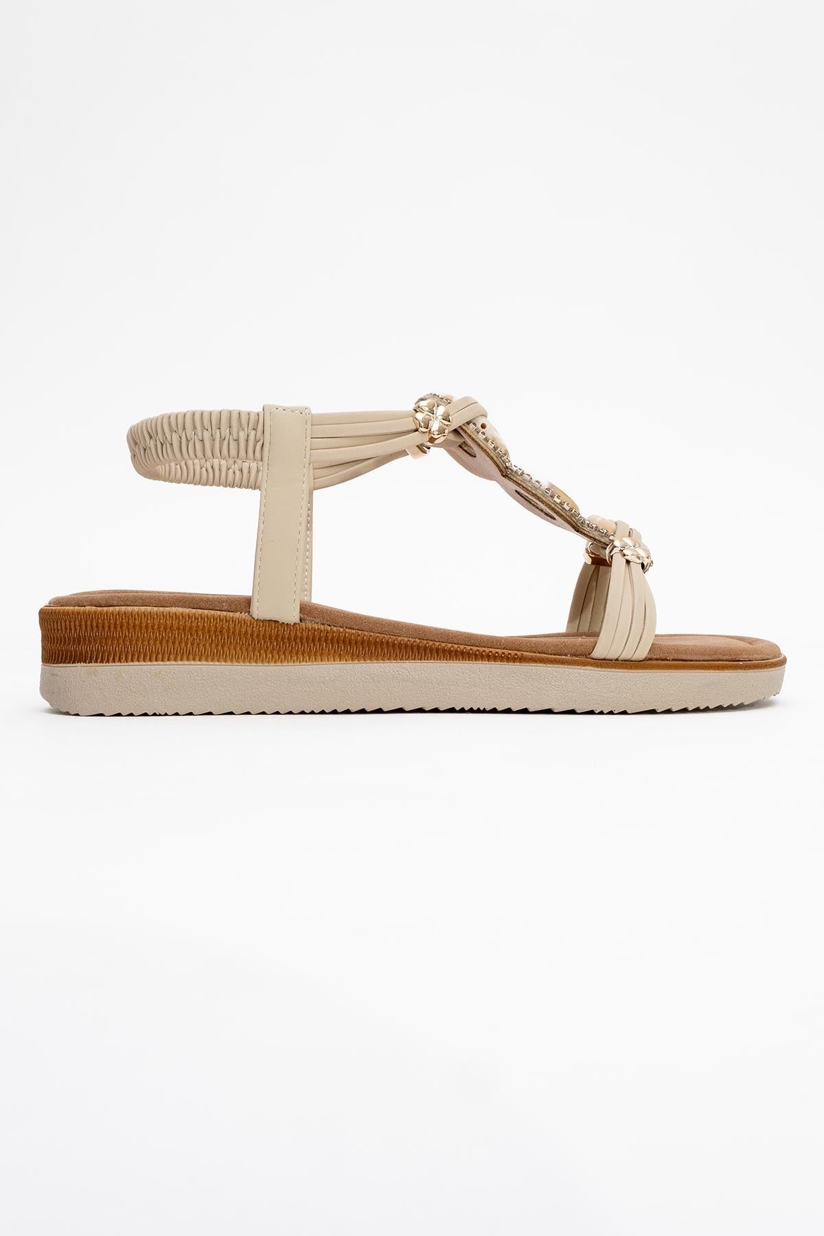 JUNES Beige Buckle-Embellished Flat Sandal – top view showing crystal, leather, Vowalisse