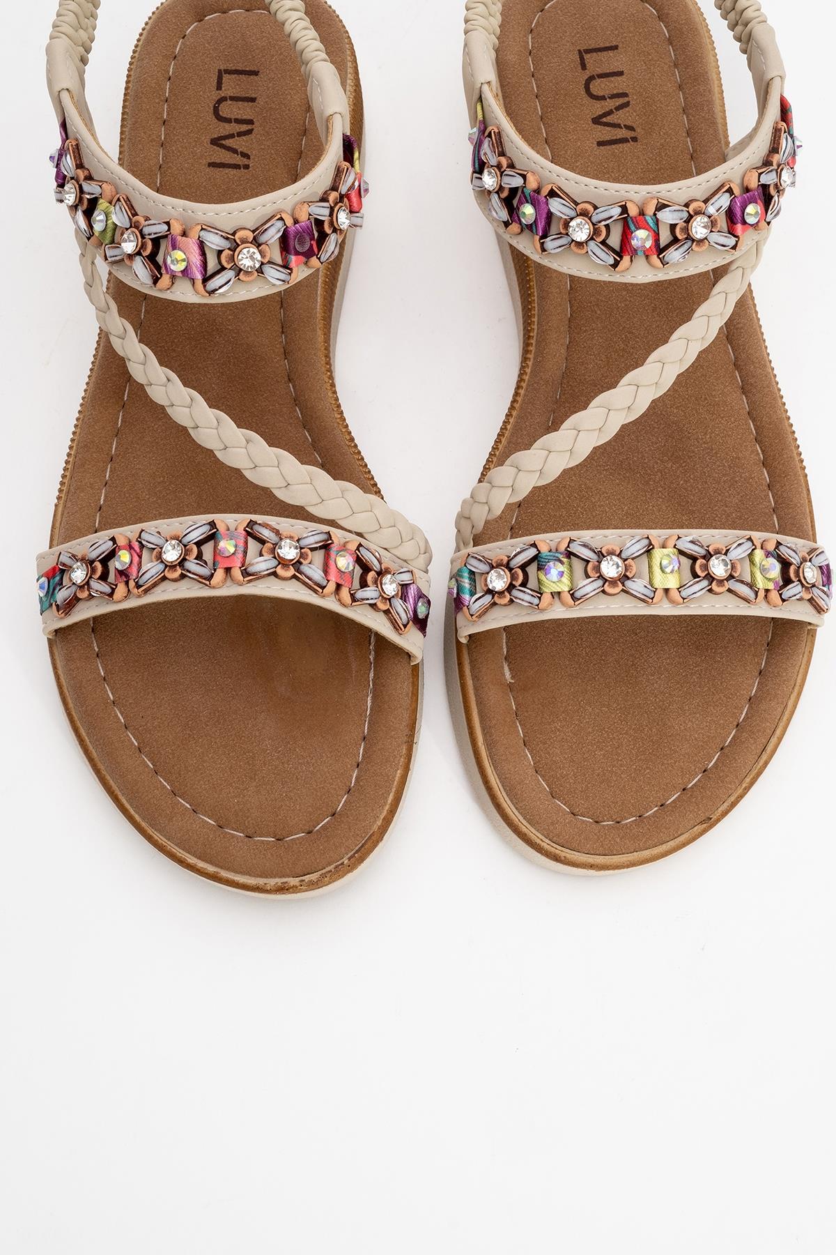 YUAN Beige Braided Strap Sandal – side view showing leather, Vowalisse
