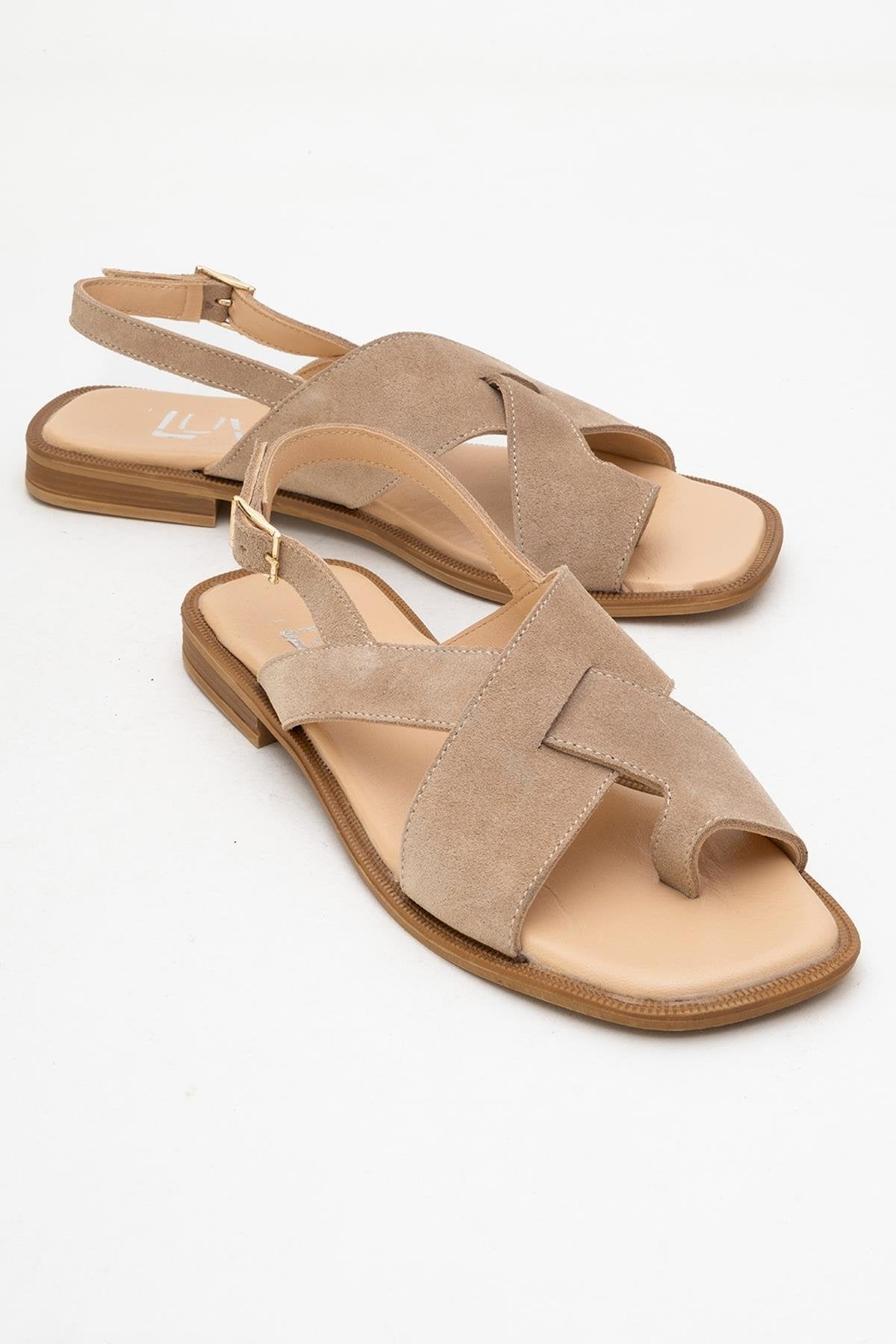 Louna - Beige Suede Leather Thong Sandals – front three-quarter view showing leather, suede, Vowalisse