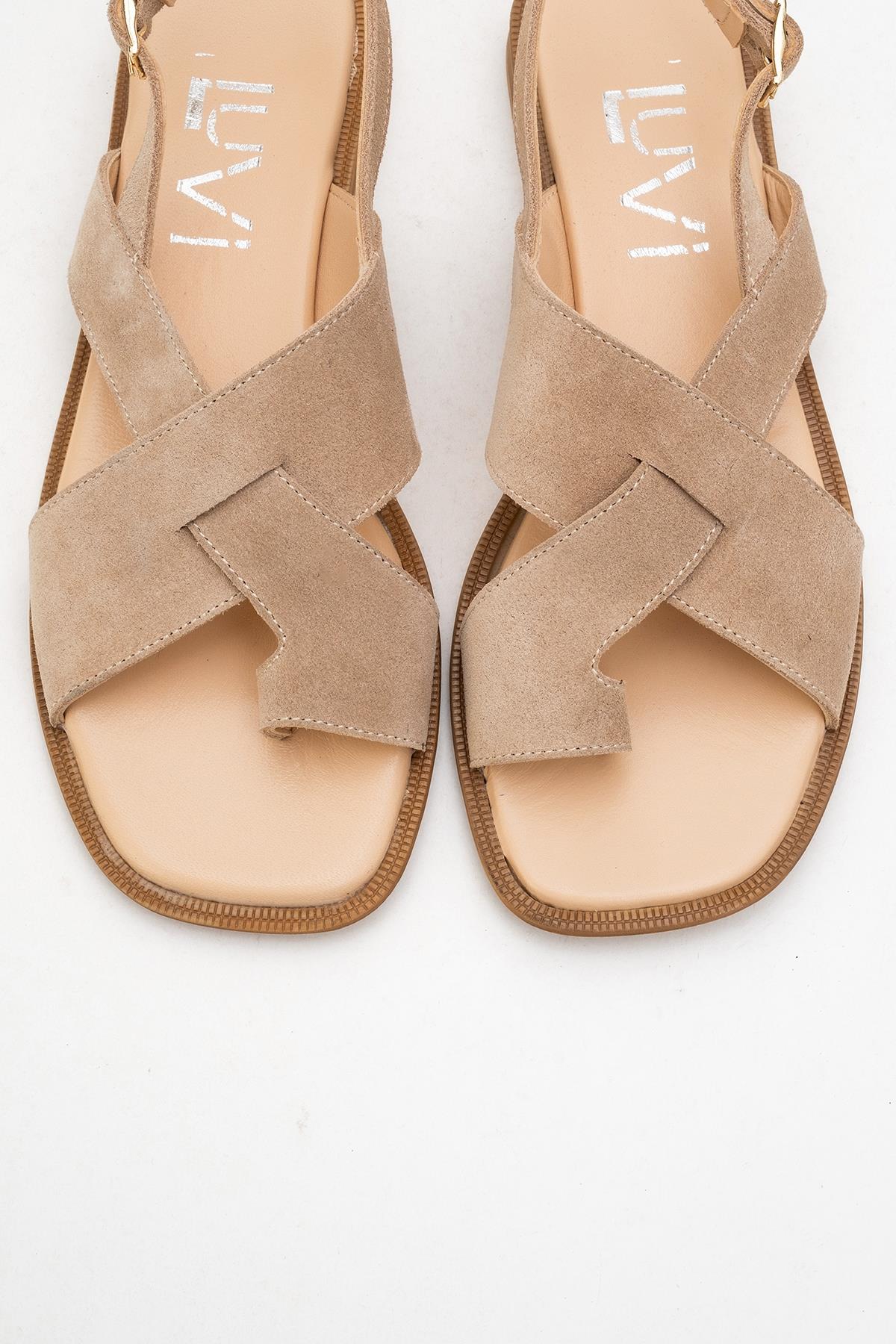 Louna - Beige Suede Leather Thong Sandals – side view showing leather, suede, Vowalisse