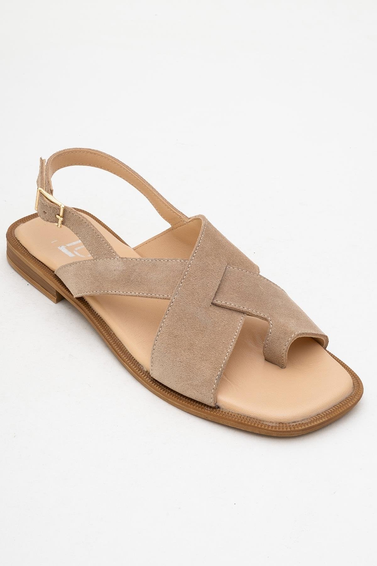 Louna - Beige Suede Leather Thong Sandals – detail view showing leather, suede, Vowalisse