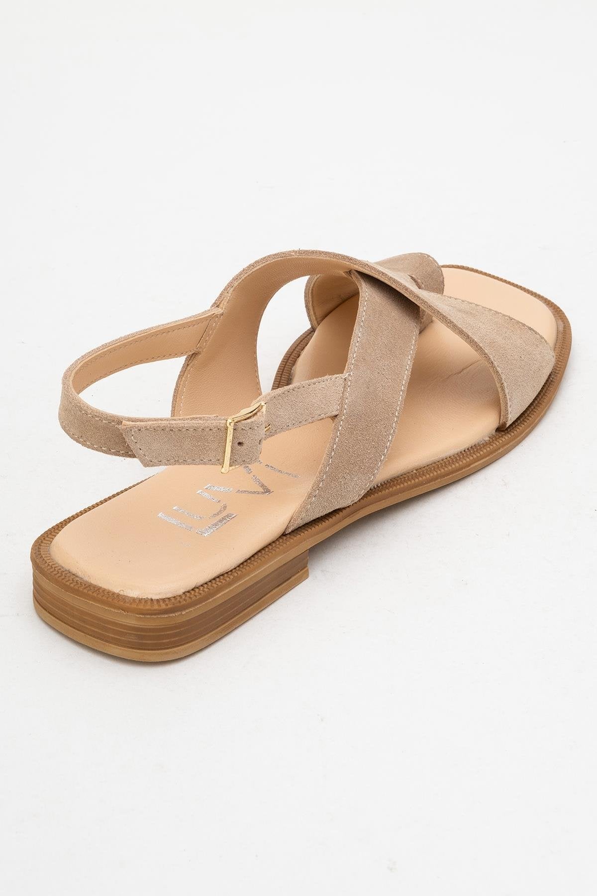 Louna - Beige Suede Leather Thong Sandals – back view showing leather, suede, Vowalisse