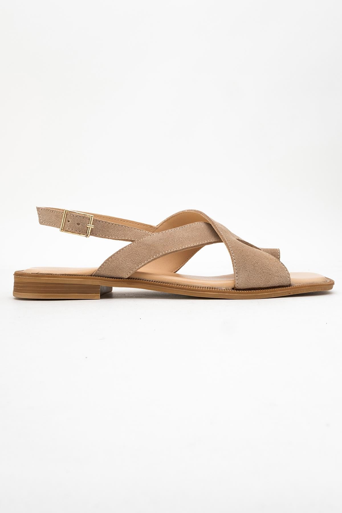 Louna - Beige Suede Leather Thong Sandals – top view showing leather, suede, Vowalisse
