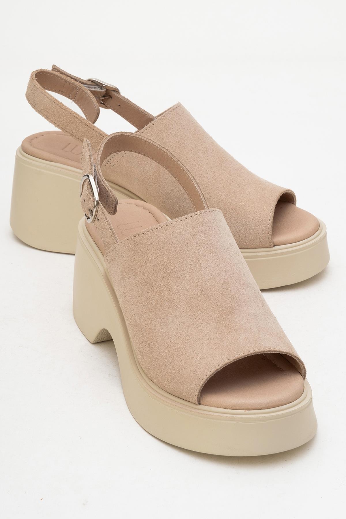 Power - Beige Suede Leather Platform Wedges – front three-quarter view showing leather, suede, Vowalisse