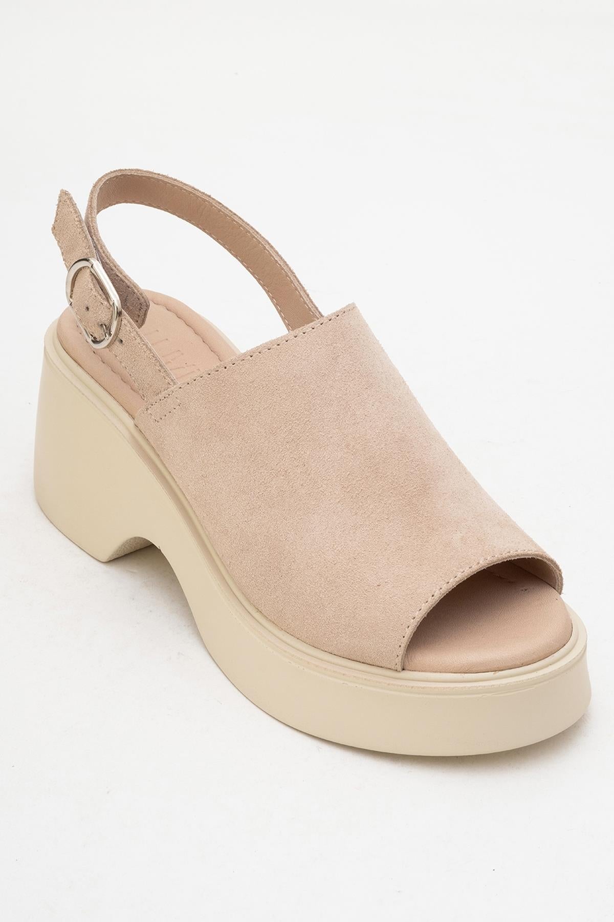 Power - Beige Suede Leather Platform Wedges – detail view showing leather, suede, Vowalisse
