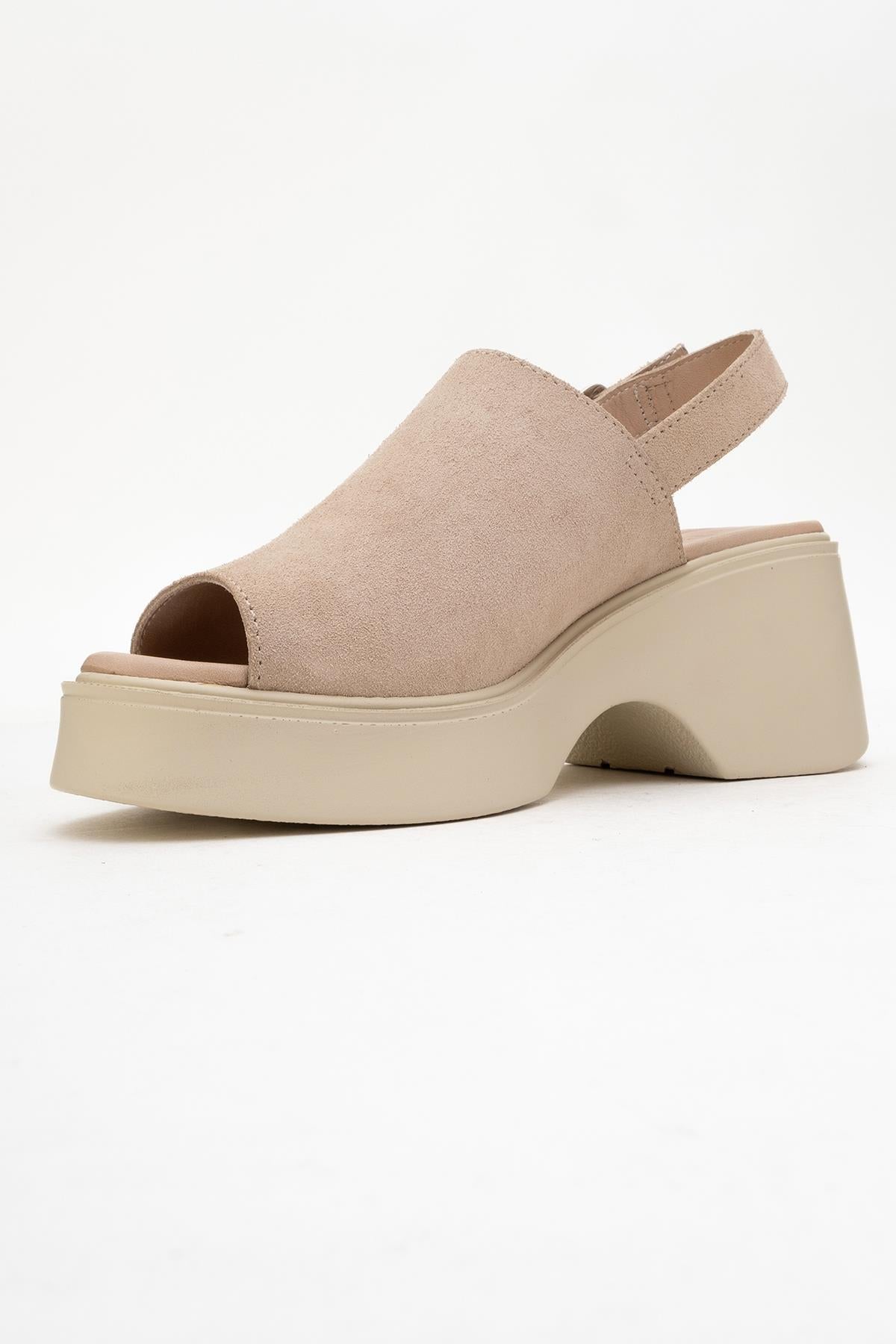 Power - Beige Suede Leather Platform Wedges – heel view showing leather, suede, Vowalisse