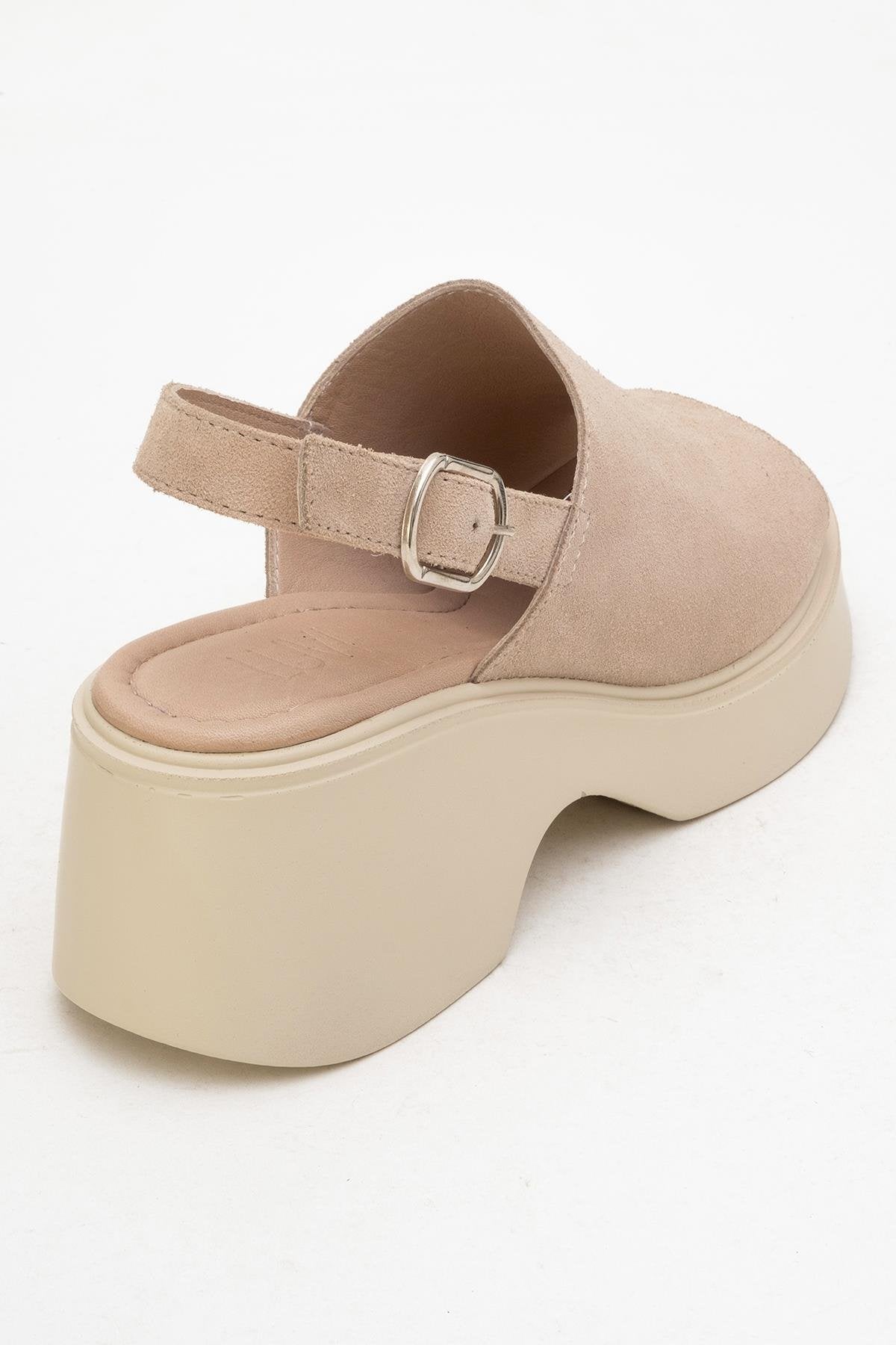 Power - Beige Suede Leather Platform Wedges – back view showing leather, suede, Vowalisse