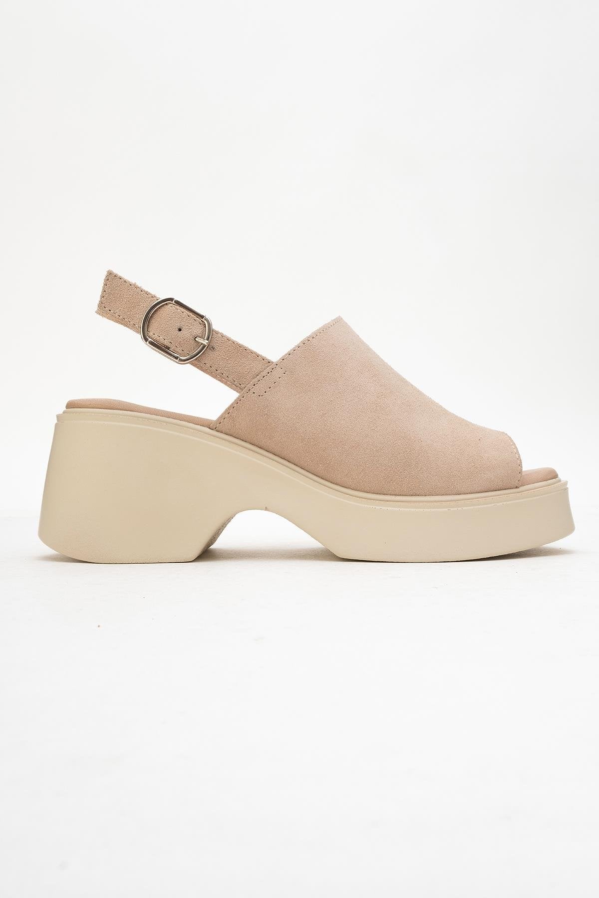 Power - Beige Suede Leather Platform Wedges – top view showing leather, suede, Vowalisse