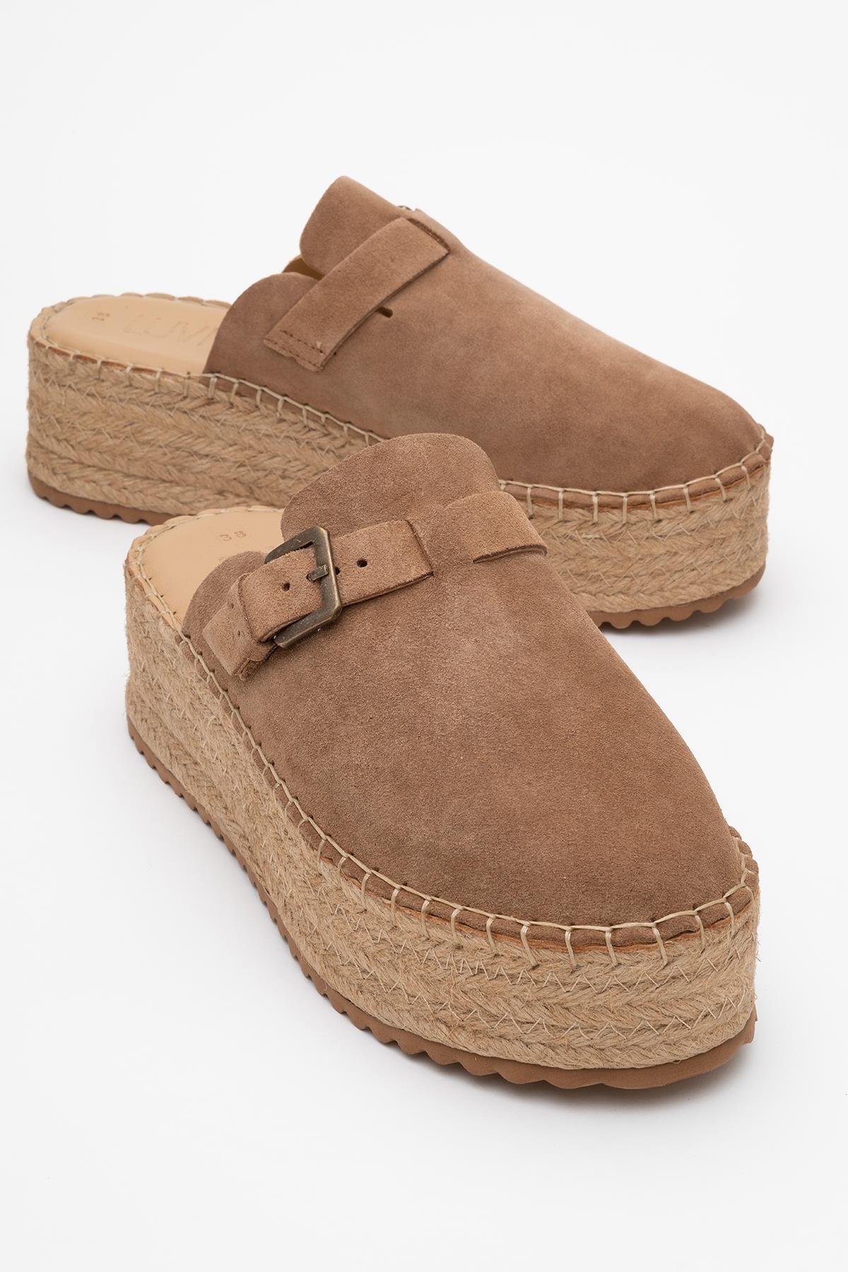 Novas - Cognac Brown Suede Leather Platform Espadrille Mule – front three-quarter view showing leather, suede, red…
