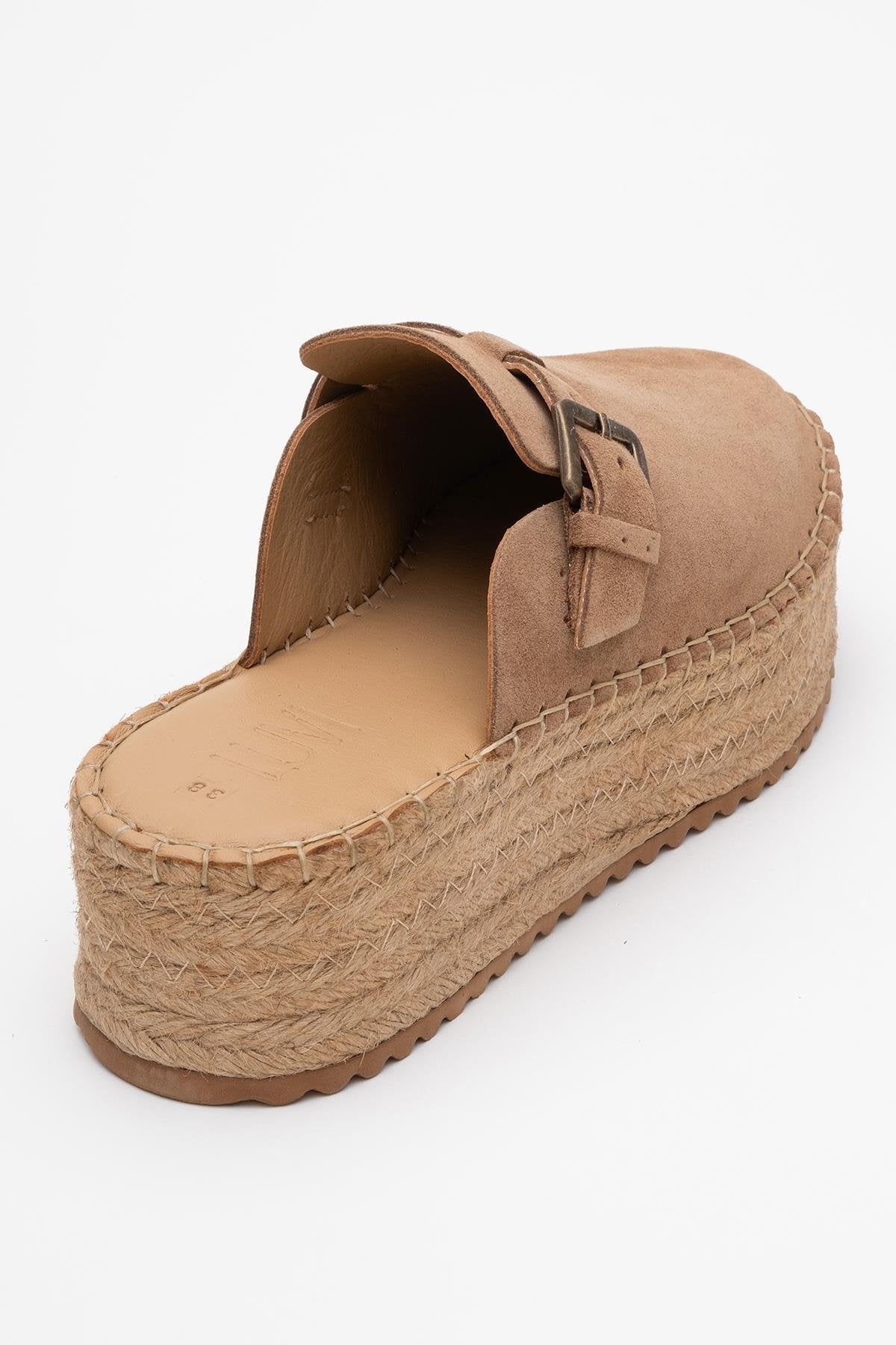 Novas - Cognac Brown Suede Leather Platform Espadrille Mule – back view showing leather, suede, red, Vowalisse