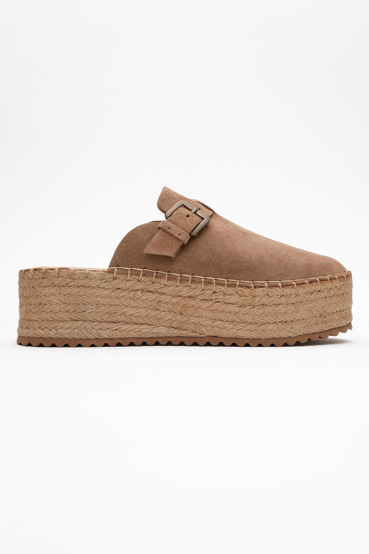 Novas - Cognac Brown Suede Leather Platform Espadrille Mule – top view showing leather, suede, red, Vowalisse