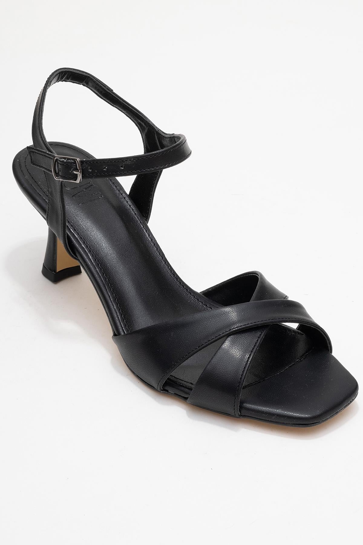Melin - Black Cross-Strap High Heel Pump – detail view showing leather, black, Vowalisse