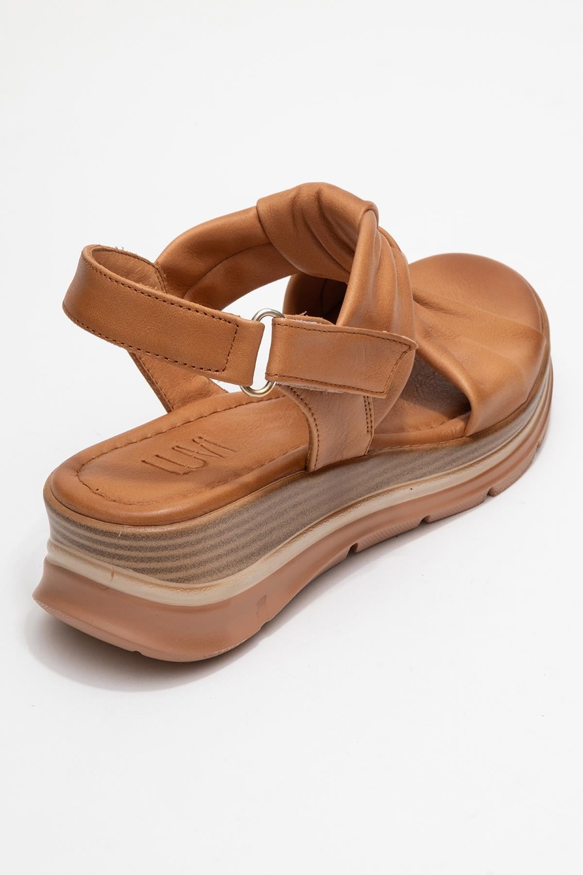 Oara - Cognac Brown Leather Sandal – back view showing leather, Vowalisse