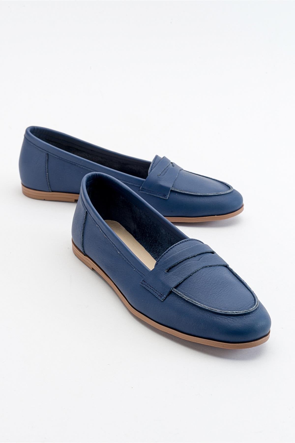 Dorothy - Navy Blue Leather Loafers – front three-quarter view showing leather, suede, blue, Vowalisse