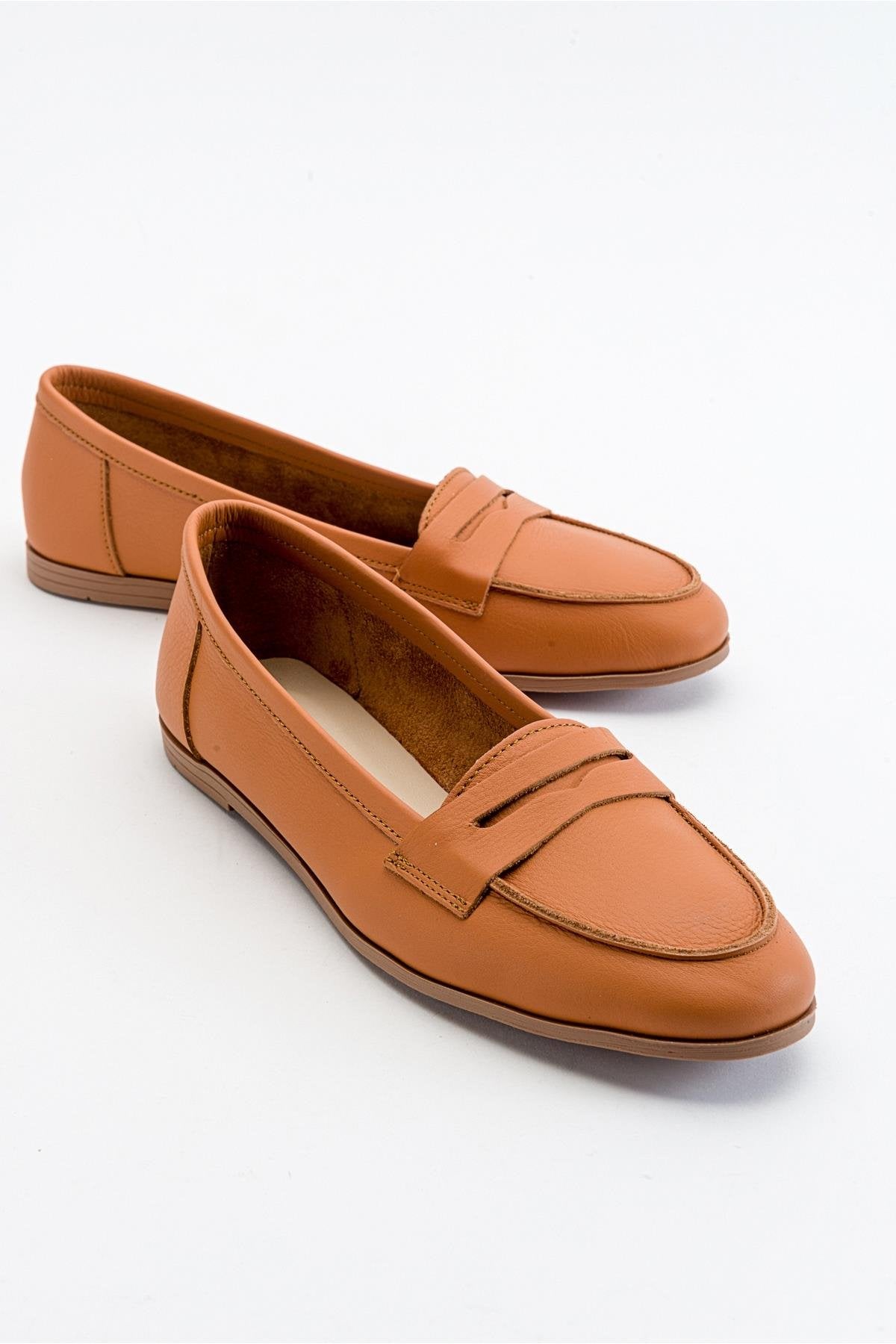 Dorothy - Orange Leather Loafers – front three-quarter view showing leather, suede, Vowalisse