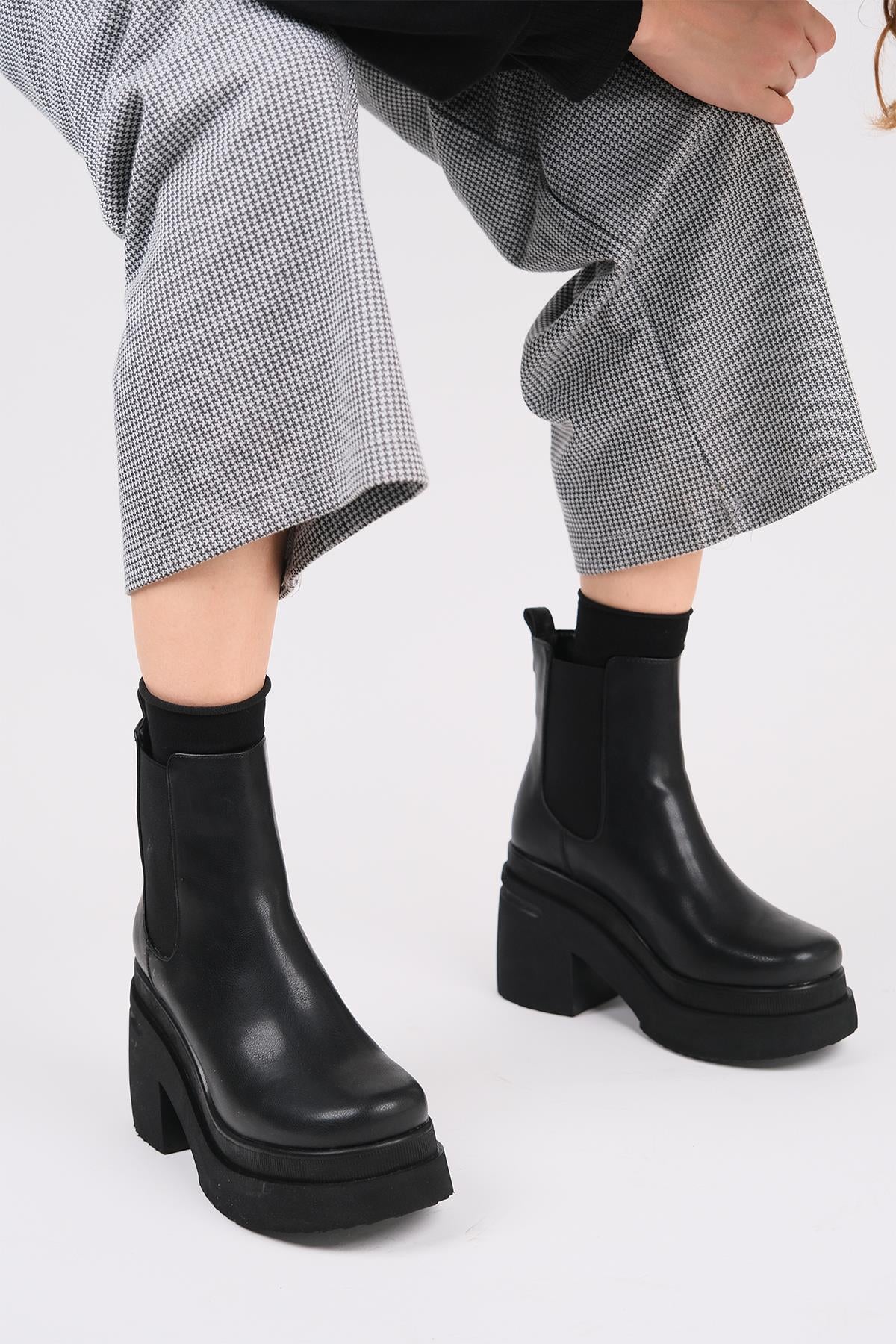Emma - Black High Heel Boot – side view showing leather, black, red, Vowalisse