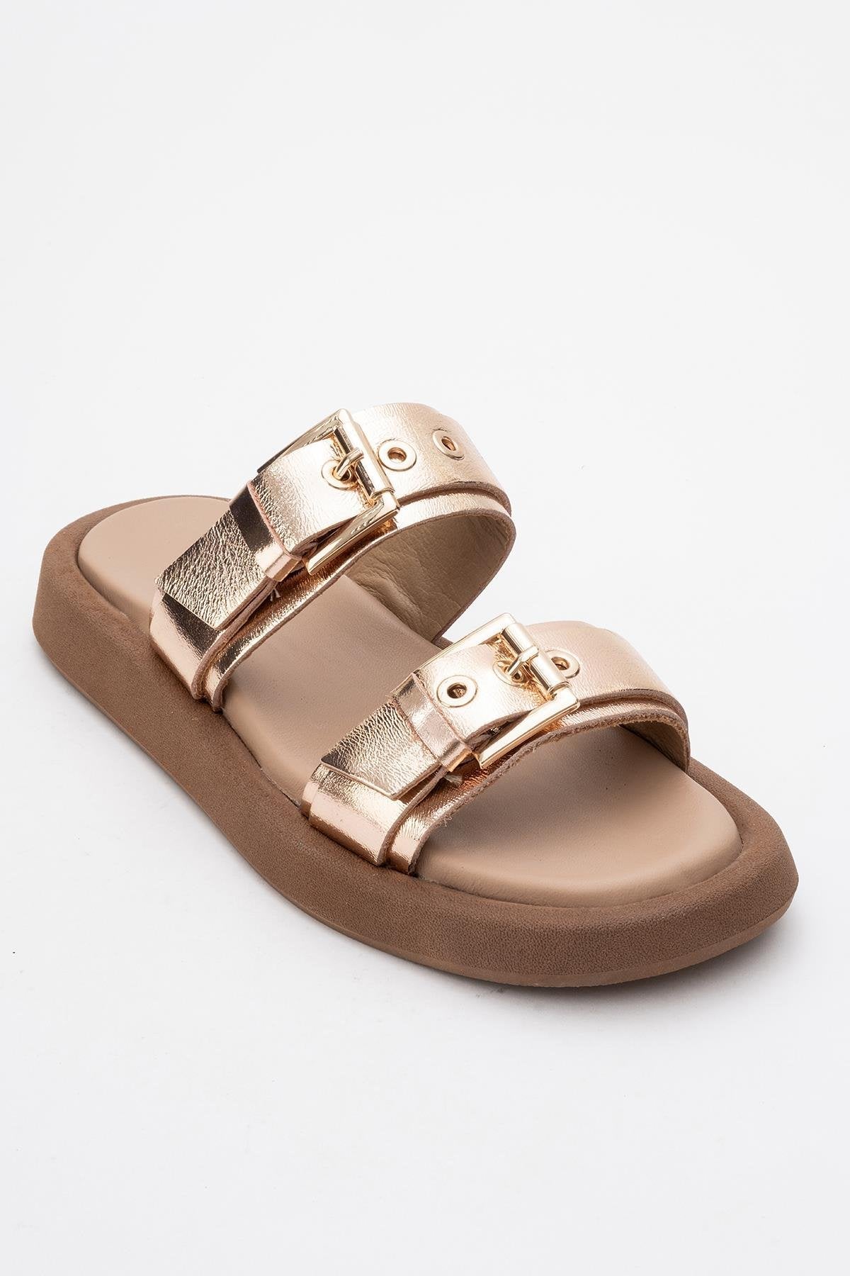 Finezza - Rose Leather Two-Strap Sandal – detail view showing crystal, leather, Vowalisse