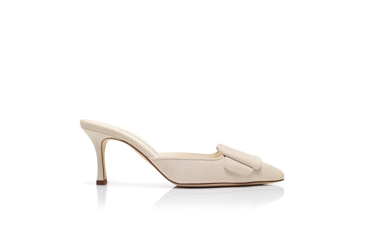 Aurelia Halo White Almond Toe Mules – side profile showing white almond toe, suede, Vowalisse