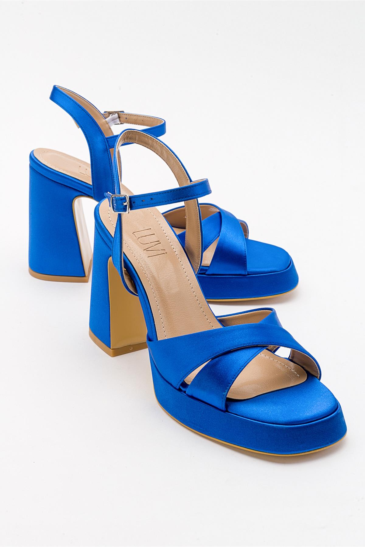 Lello - Cobalt Satin Platform Heel Shoe – front three-quarter view showing satin, leather, Vowalisse