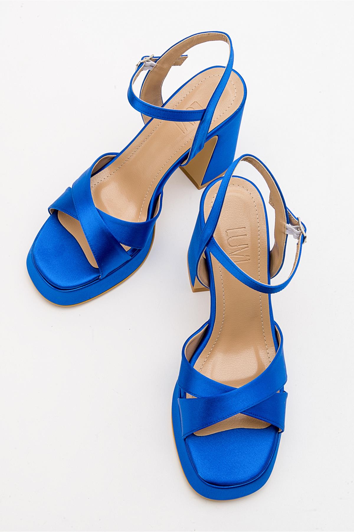 Lello - Cobalt Satin Platform Heel Shoe – detail view showing satin, leather, Vowalisse