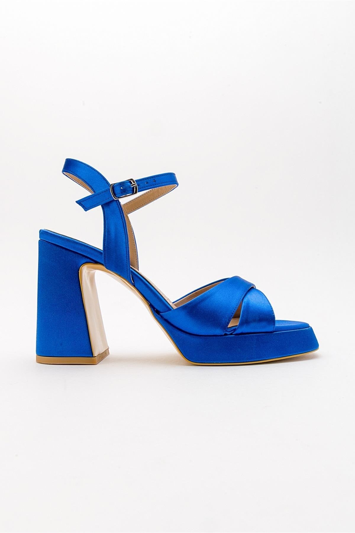 Lello - Cobalt Satin Platform Heel Shoe – top view showing satin, leather, Vowalisse