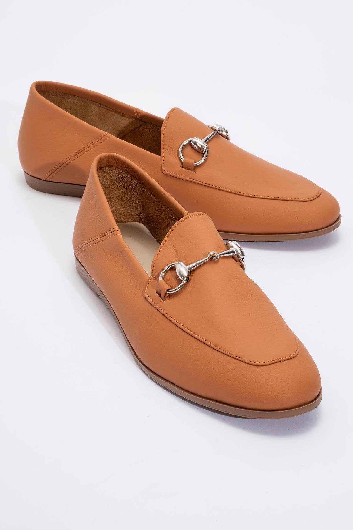 Penny - Orange Leather Horsebit Loafers – front three-quarter view showing leather, suede, Vowalisse
