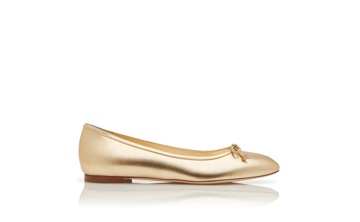Odette Flame Gold Bow Detail Pumps – side profile showing gold bow detail, round toe, nappa leather, Vowalisse