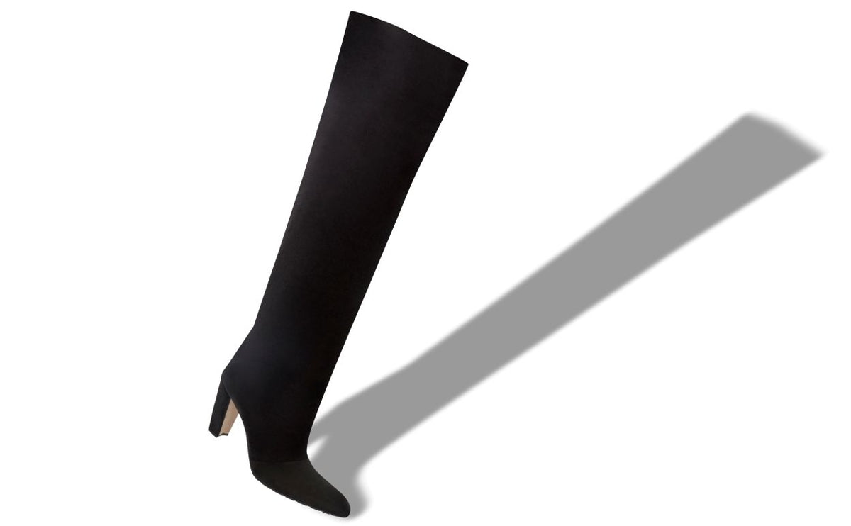 Celeste Rose Black Pointed Toe Knee-High Boots – front three-quarter view showing black pointed toe, suede, Vowalisse