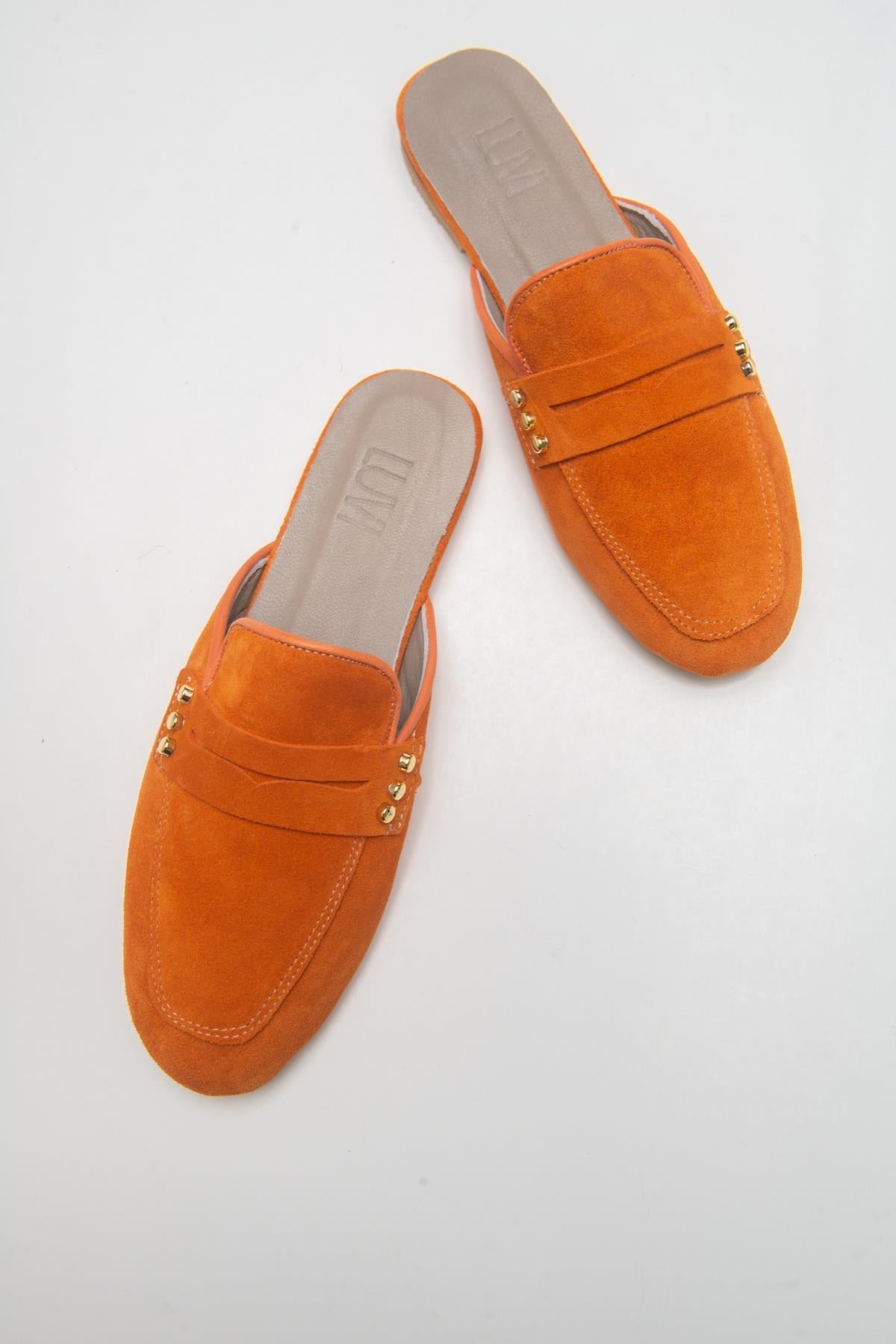 Eligia - Orange Leather Clogs – front three-quarter view showing leather, suede, Vowalisse