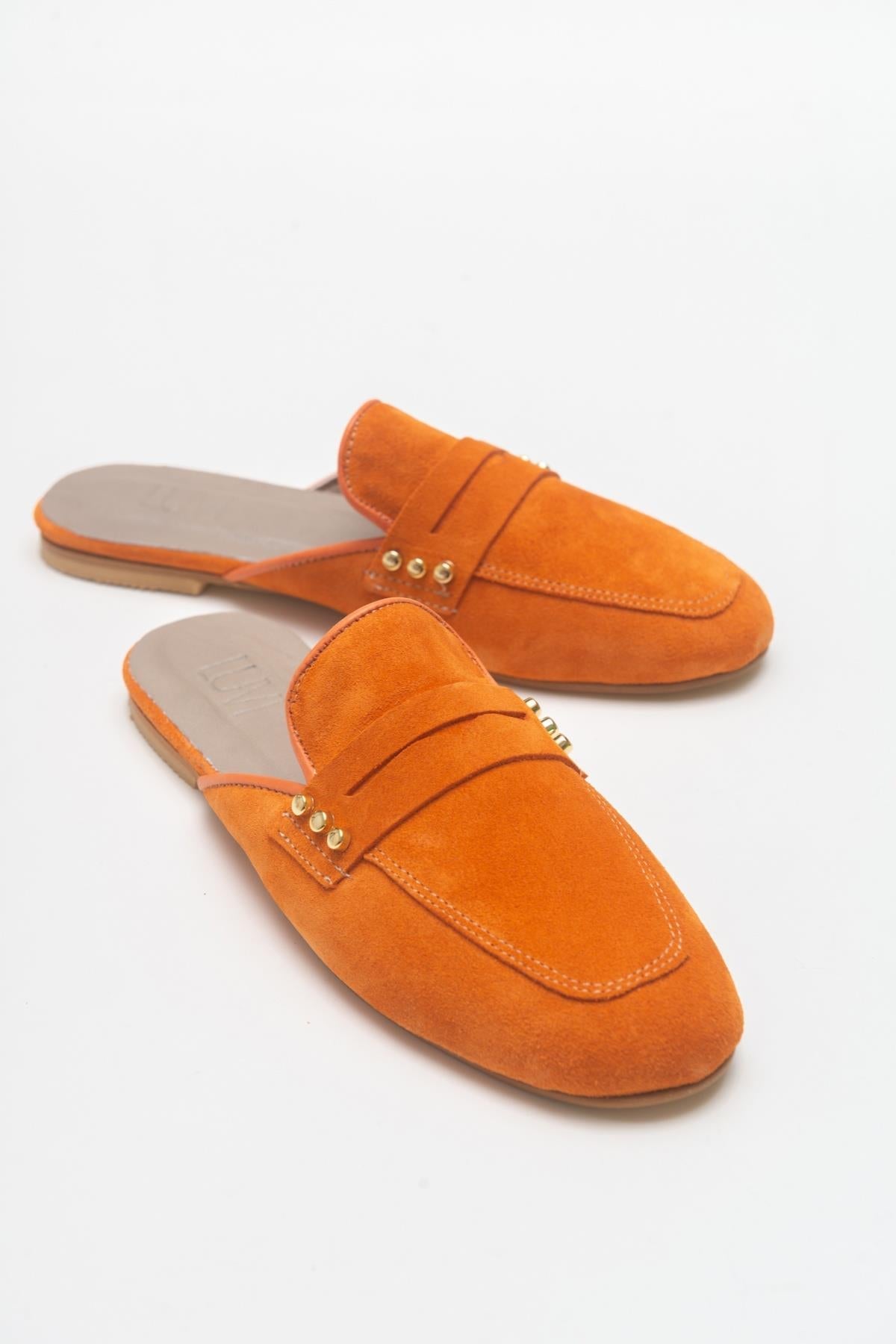 Eligia - Orange Leather Clogs – side view showing leather, suede, Vowalisse