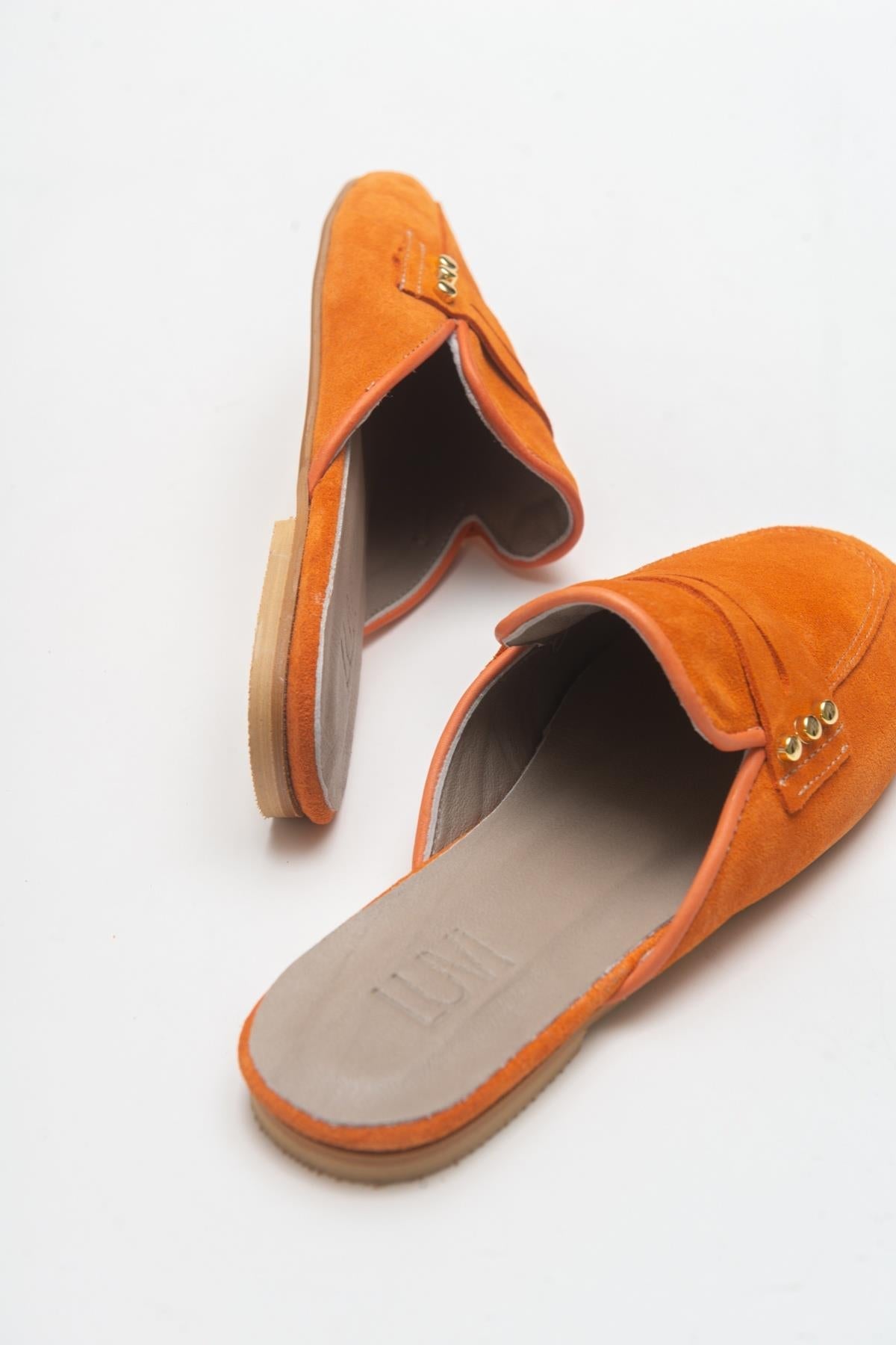 Eligia - Orange Leather Clogs – detail view showing leather, suede, Vowalisse
