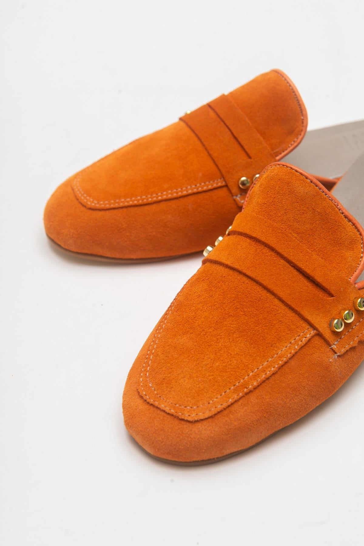 Eligia - Orange Leather Clogs – heel view showing leather, suede, Vowalisse